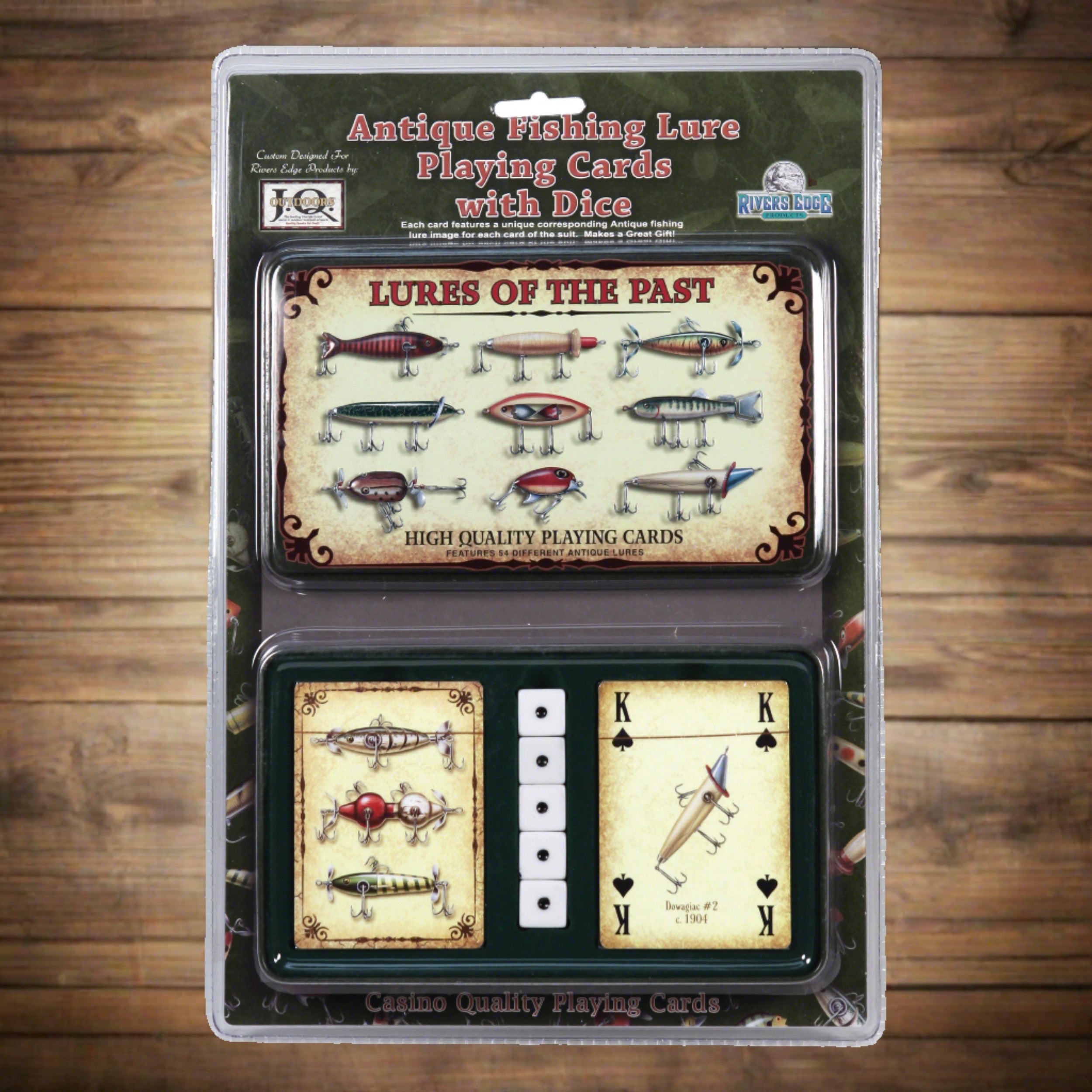 Rivers Edge Products Antique Fishing Lure Cards And Dice In Gift Tin 2  Decks 643323157206