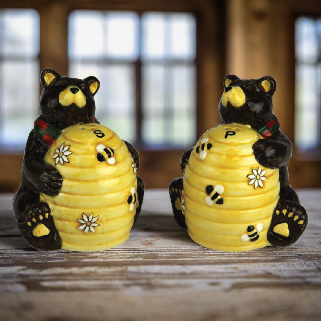 Salt And Pepper Shakers Bear And Bees Ceramic Matching Set