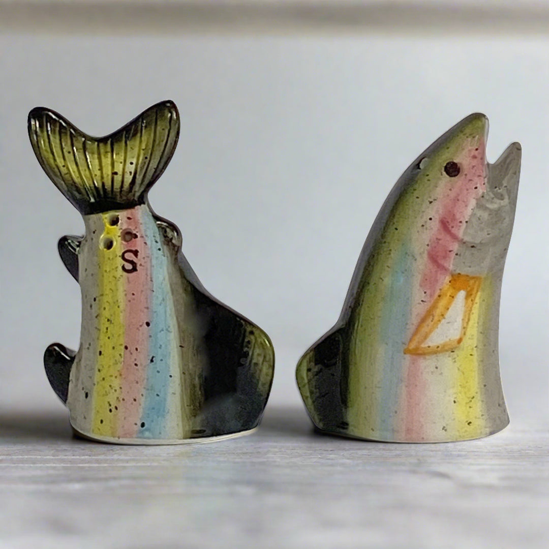 Salt And Pepper Shakers Trout Green Ceramic Matching Set