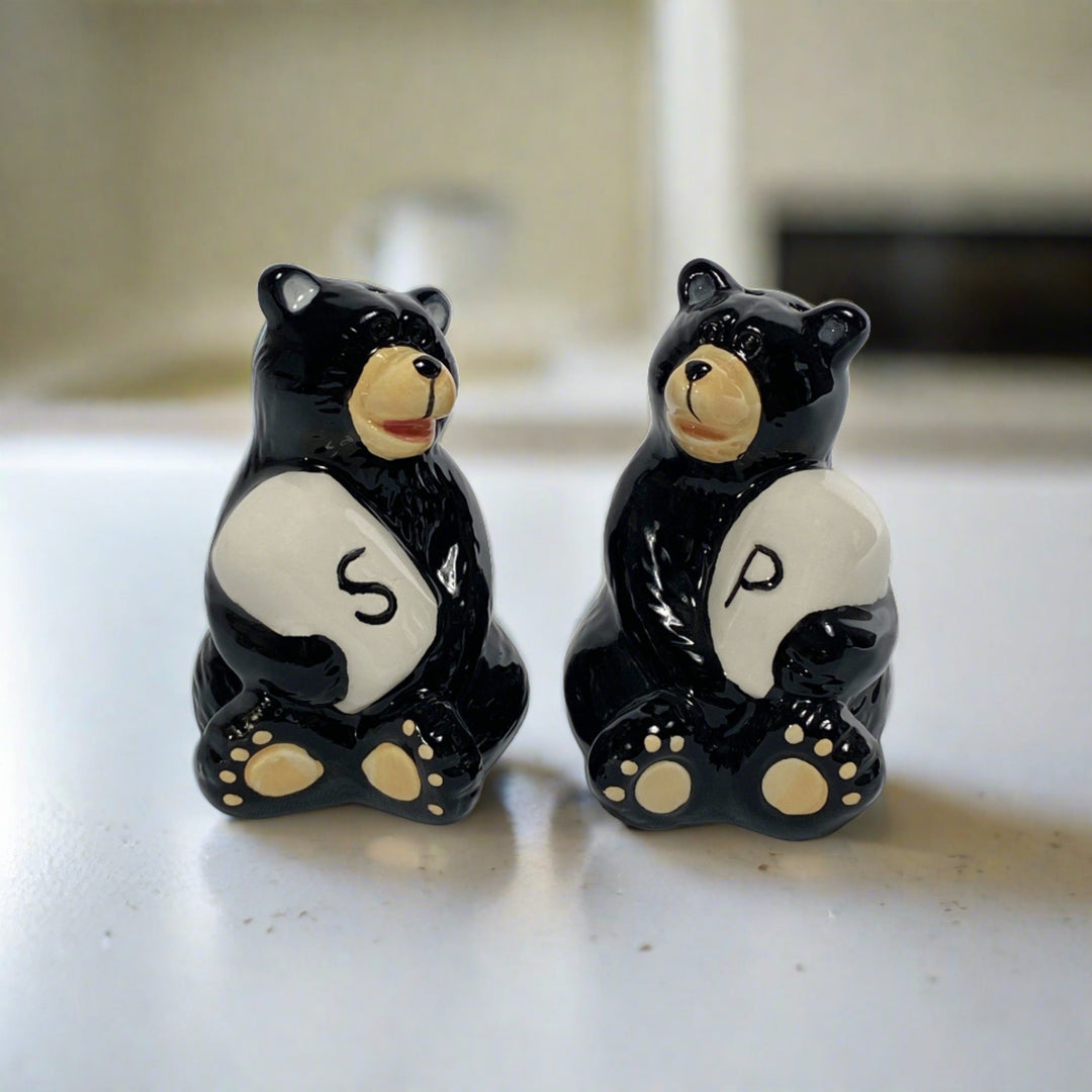 Salt And Pepper Shakers Black Bear Holding Ceramic Matching Set