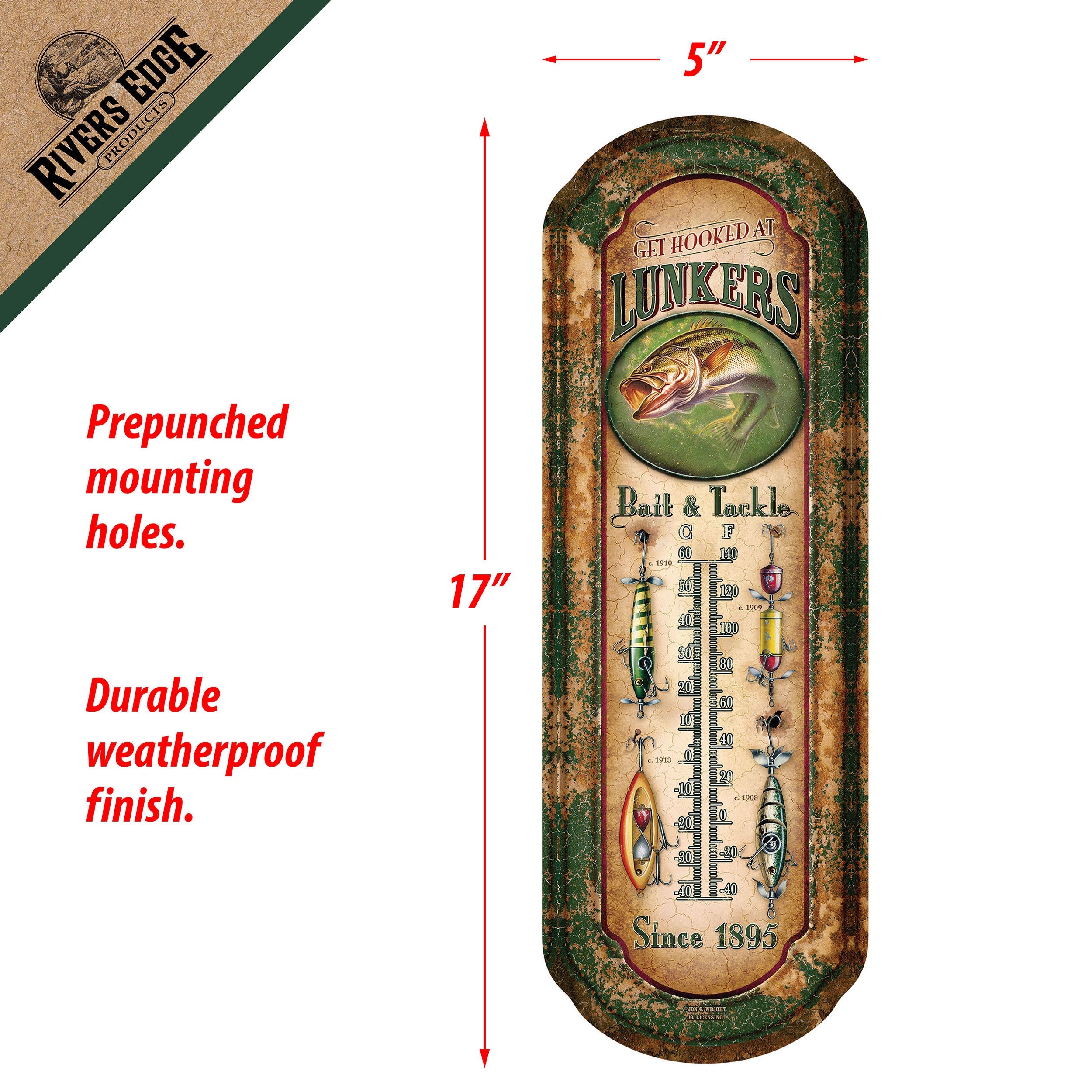 Rivers Edge Products Tin Wall Thermometer, 17 x 5 UV Coated Indoor or  Outdoor Thermometer, Home, Garage, or Kitchen Thermometer for Room  Temperature, Novelty Temperature Gauge, Lunker's 