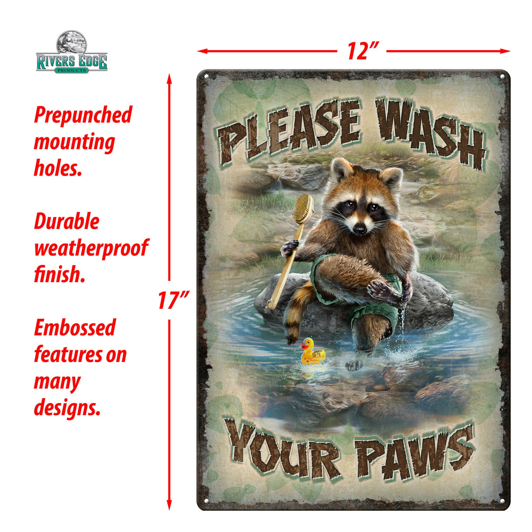 Tin Sign Please Wash Your Paws Raccoon Weatherproof With Pre Punched Holes For Hanging 17 By 12 Inches