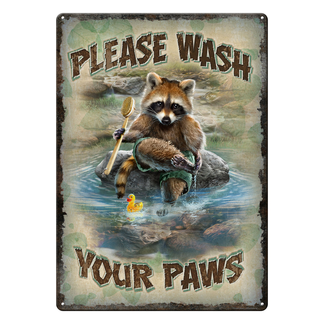 Tin Sign Please Wash Your Paws Raccoon Weatherproof With Pre Punched Holes For Hanging 17 By 12 Inches