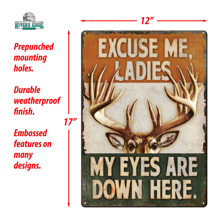 Tin Sign My Eyes Are Down Here Deer Weatherproof With Pre Punched Holes For Hanging 17 By 12 Inches