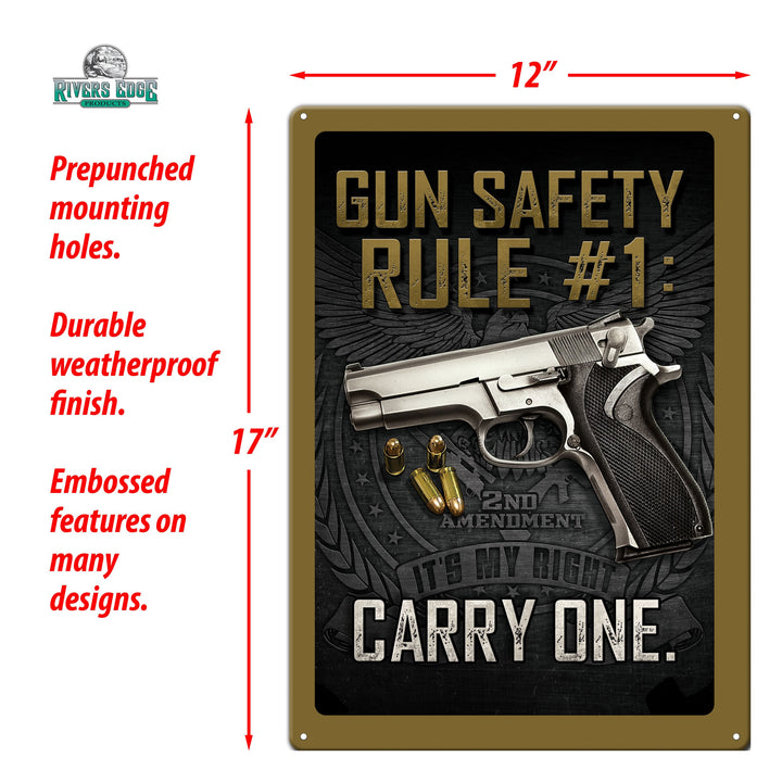 Tin Sign Gun Safety Rule 1 Carry One Weatherproof With Pre Punched Holes For Hanging 17 By 12 Inches