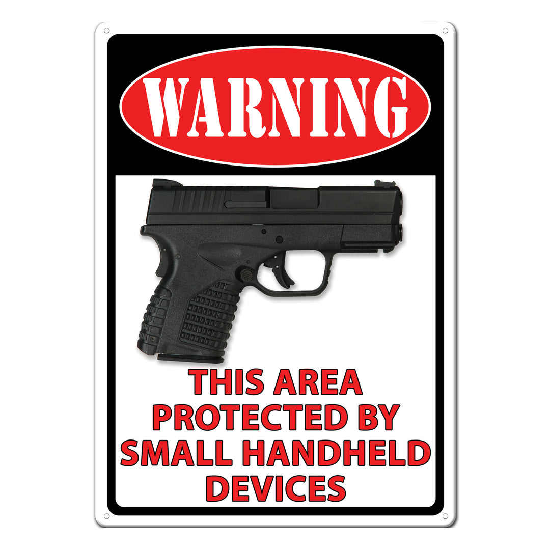 Tin Sign Warning Protected By Handheld Devices Weatherproof With Pre Punched Holes For Hanging 17 By 12 Inches