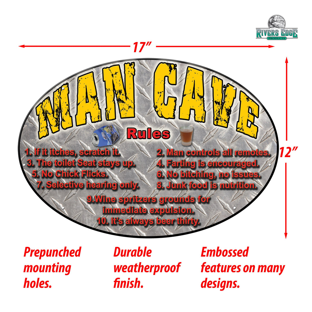 Oval Tin Sign Man Cave Rules Weatherproof With Pre Punched Holes For Hanging 12 By 17 Inches