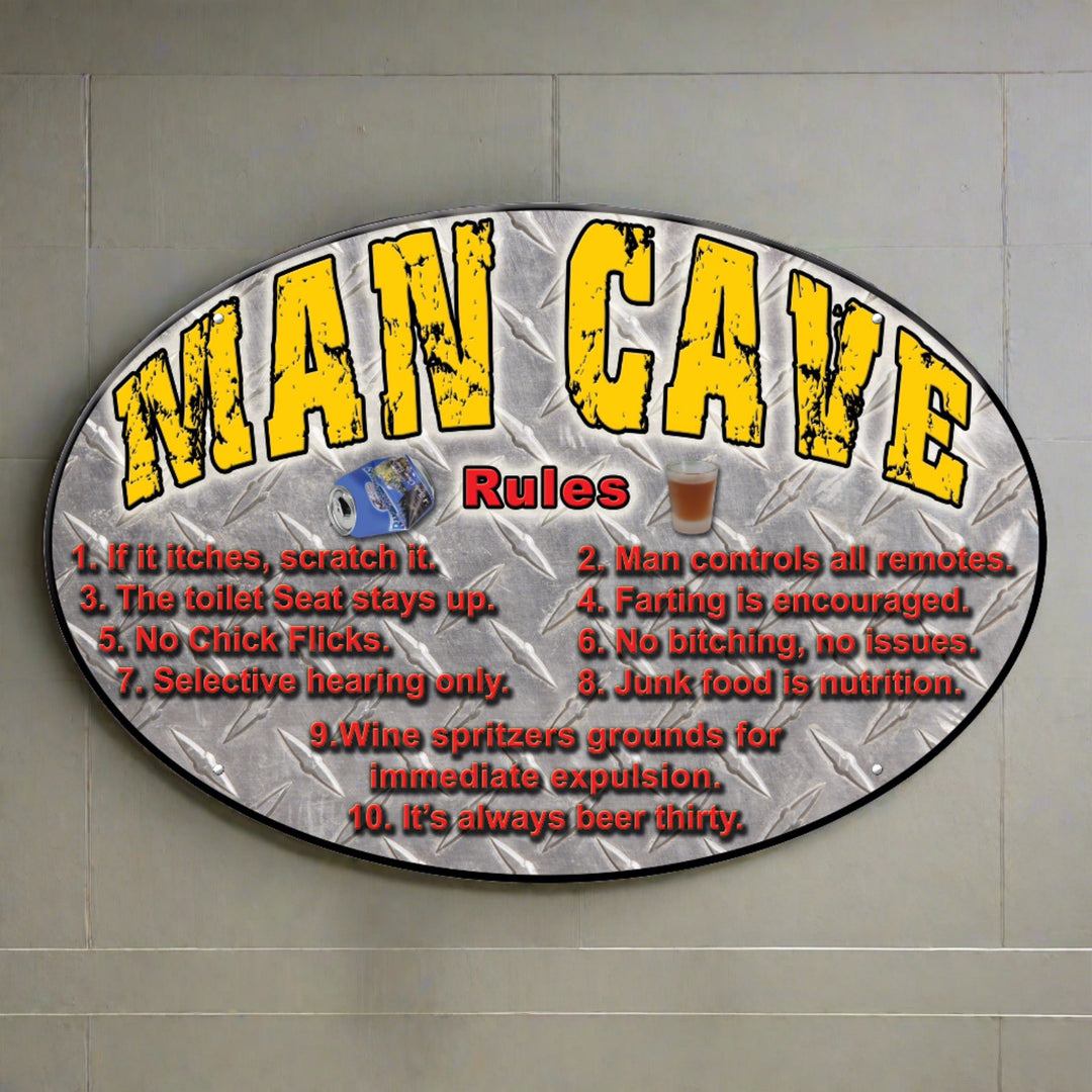 Oval Tin Sign Man Cave Rules Weatherproof With Pre Punched Holes For Hanging 12 By 17 Inches