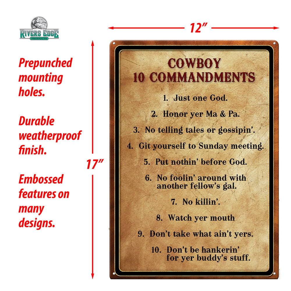 Tin Sign Cowboy 10 Commandments Weatherproof With Pre Punched Holes For Hanging 17 By 12 Inches