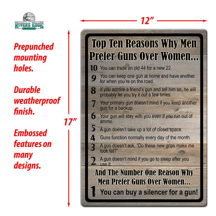 Tin Sign Top Ten Reasons Men Prefer Guns Over Women Weatherproof With Pre Punched Holes For Hanging 17 By 12 Inches