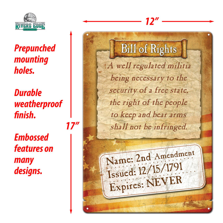 Tin Sign Bill Of Rights 2Nd Amendment Weatherproof With Pre Punched Holes For Hanging 17 By 12 Inches
