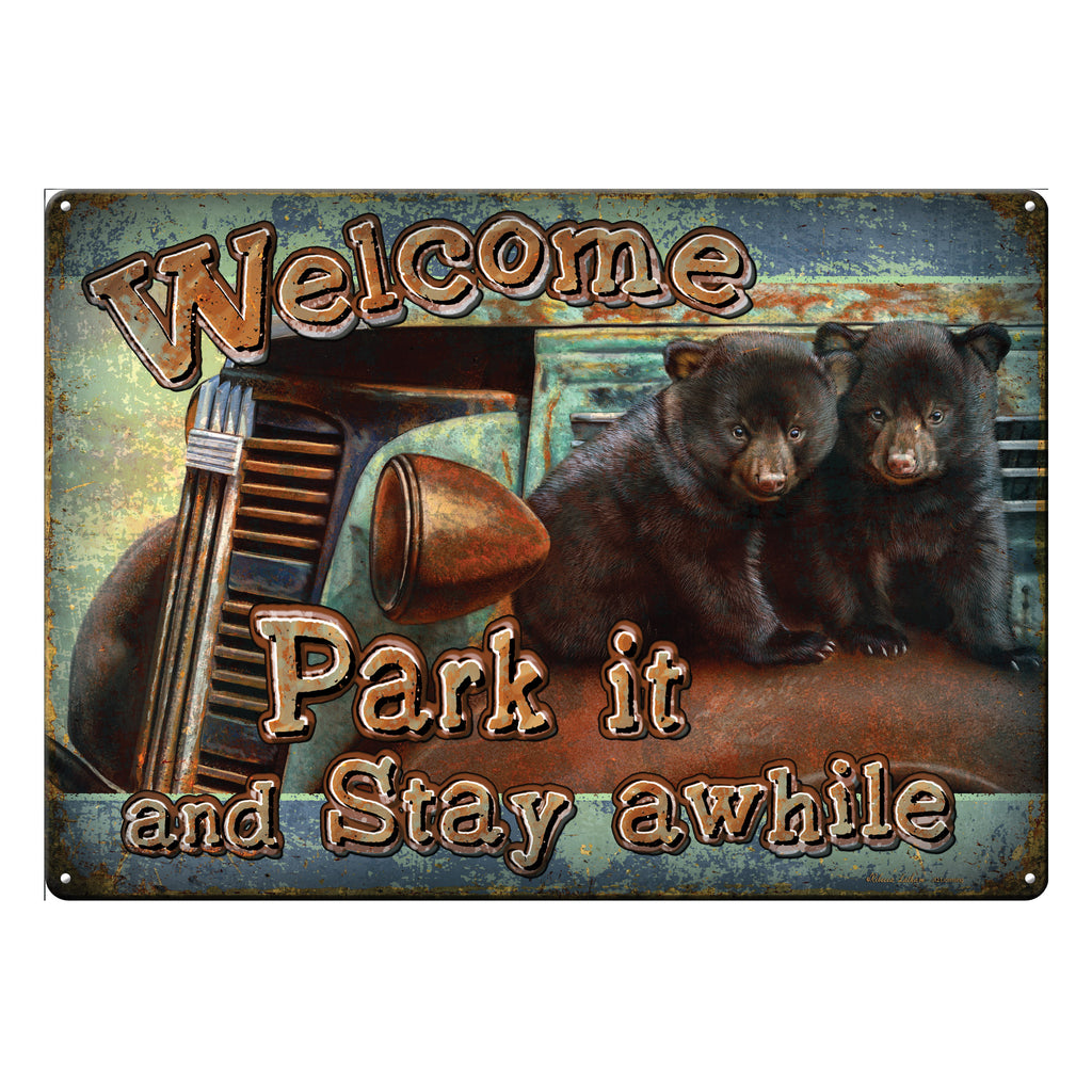 Metal Tin Signs, Funny, Vintage, Personalized 12-Inch x 17-Inch - Park It Bear