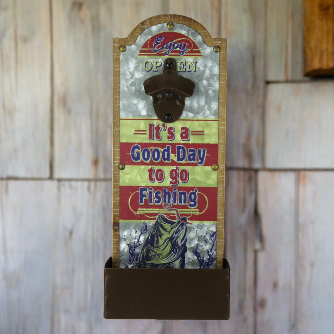 Wall Mounted Bottle Opener With Built In Bottlecap Collector Galvanized Metal And Fiberboard