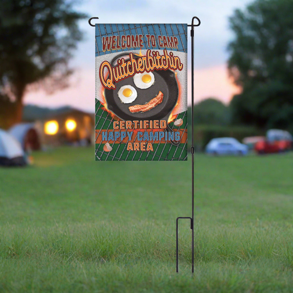 Lawn Yard Decor Double Sided Flag 14-Inch x 22-Inch with Pole - Welcome to Camp Quitcherbitchin Certified Happy Camping Area