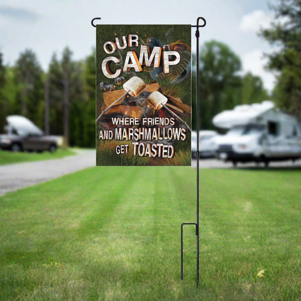 Lawn Yard Decor Double Sided Flag 14-Inch x 22-Inch with Pole - Our Camp Where Friends And Marshmallows Get Toasted