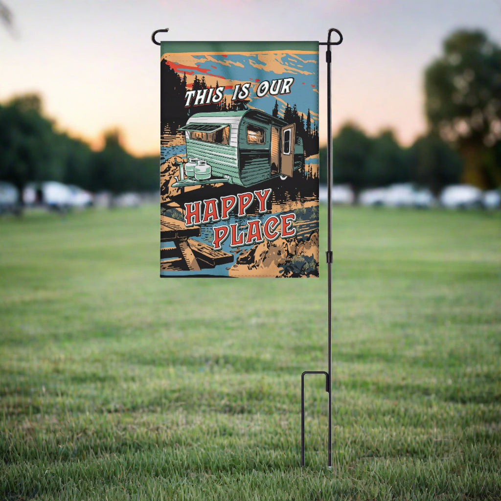 Lawn Yard Decor Double Sided Flag 14-Inch x 22-Inch with Pole - This is Our Happy Place