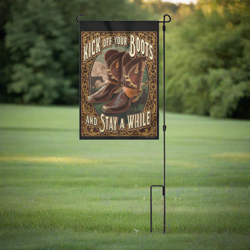 Lawn Yard Decor Double Sided Flag 14-Inch x 22-Inch with Pole - Kick Off Your Boots and Stay a While