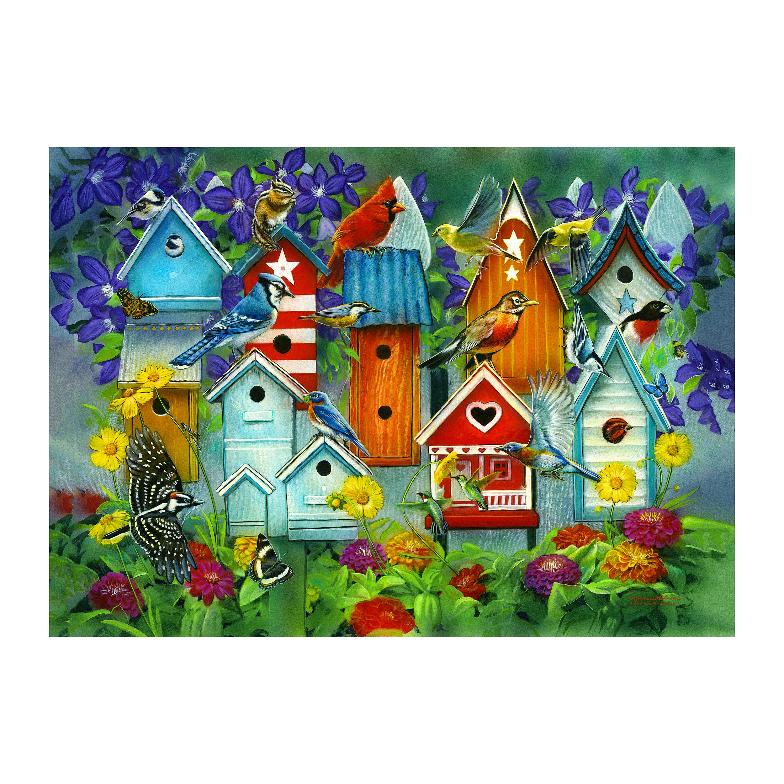 Rivers Edge Products 1000 Piece Puzzle, Jigsaw Puzzle in Tin for Adults, Teenagers, and Kids, Flower and Bird Puzzle, 28 by 20 Inches, Birdhouse