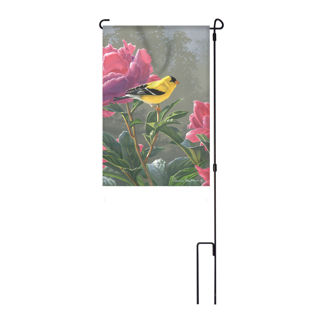 Lawn Flag 14In X 22In With Pole Goldfinch And Peonies