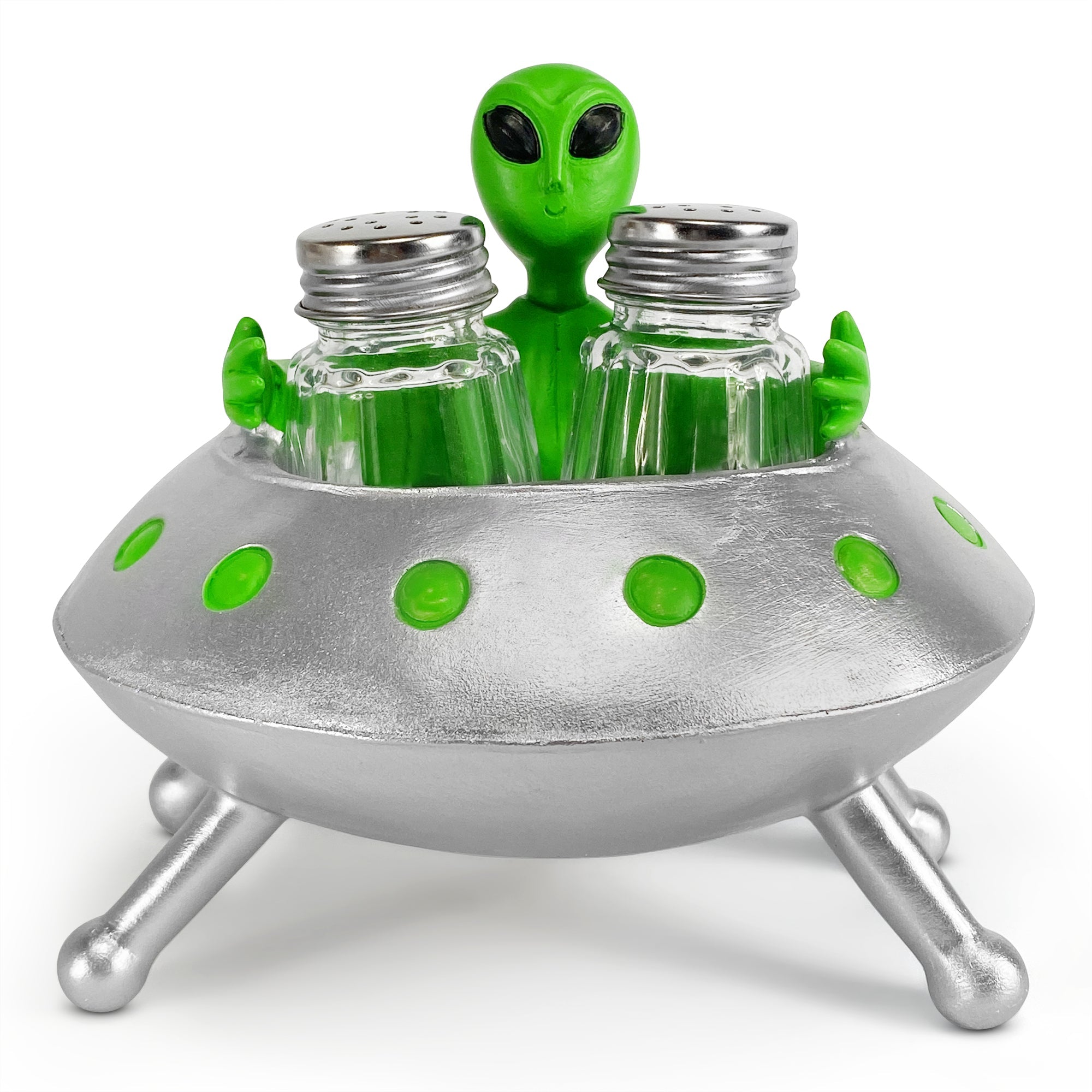 ET Roswell Alien With Flying Saucer Spaceship Magnetic Salt Pepper Shakers  Set