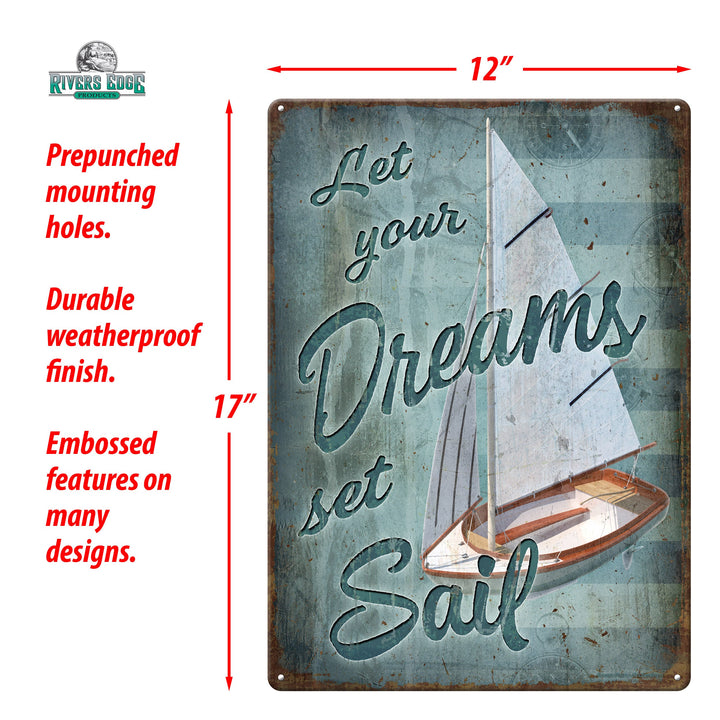 Tin Sign Dreams Set Sail Weatherproof With Pre Punched Holes For Hanging 12 By 17 Inches