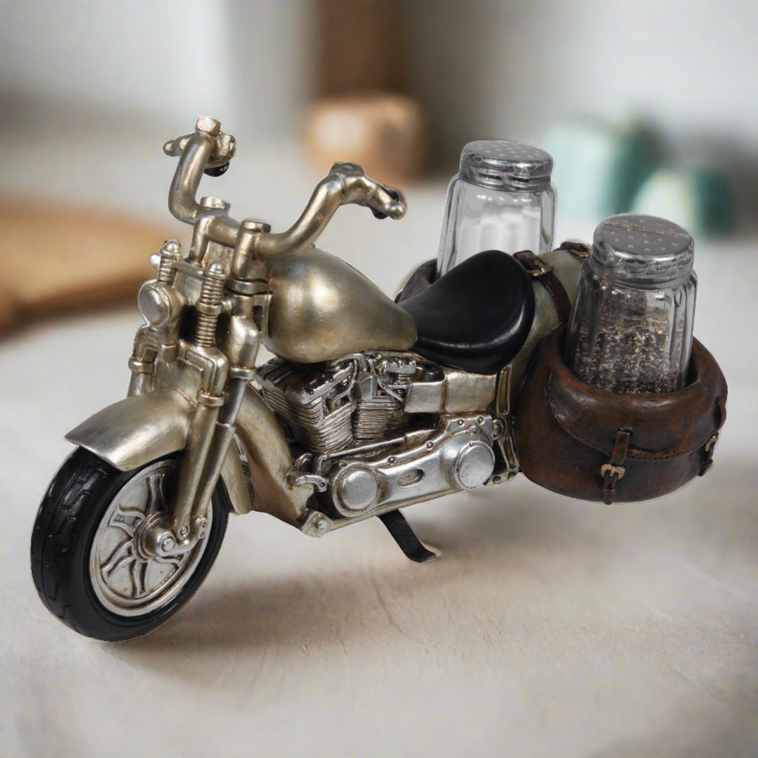 Salt And Pepper Shakers Motorcycle Poly Resin And Glass Matching Set