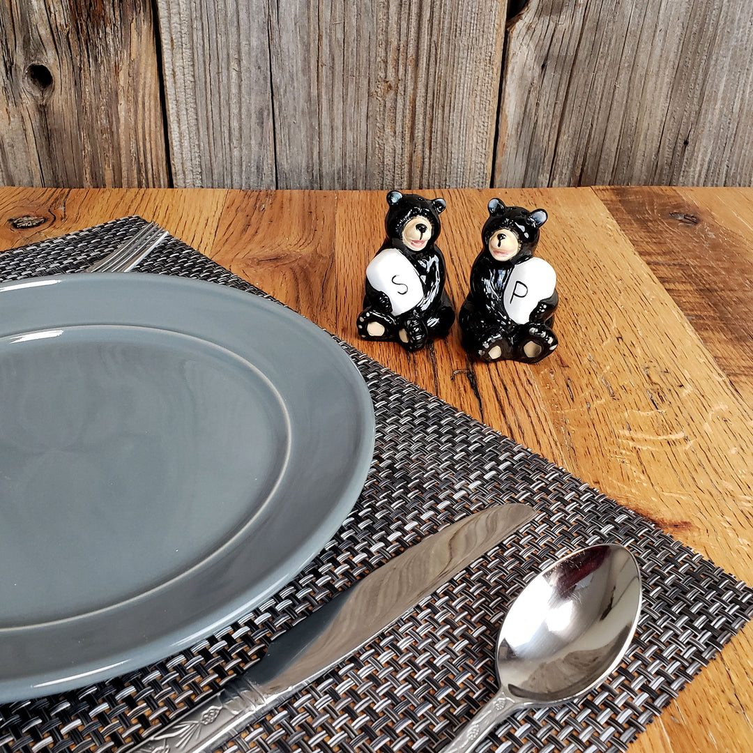 Salt And Pepper Shakers Black Bear Holding Ceramic Matching Set