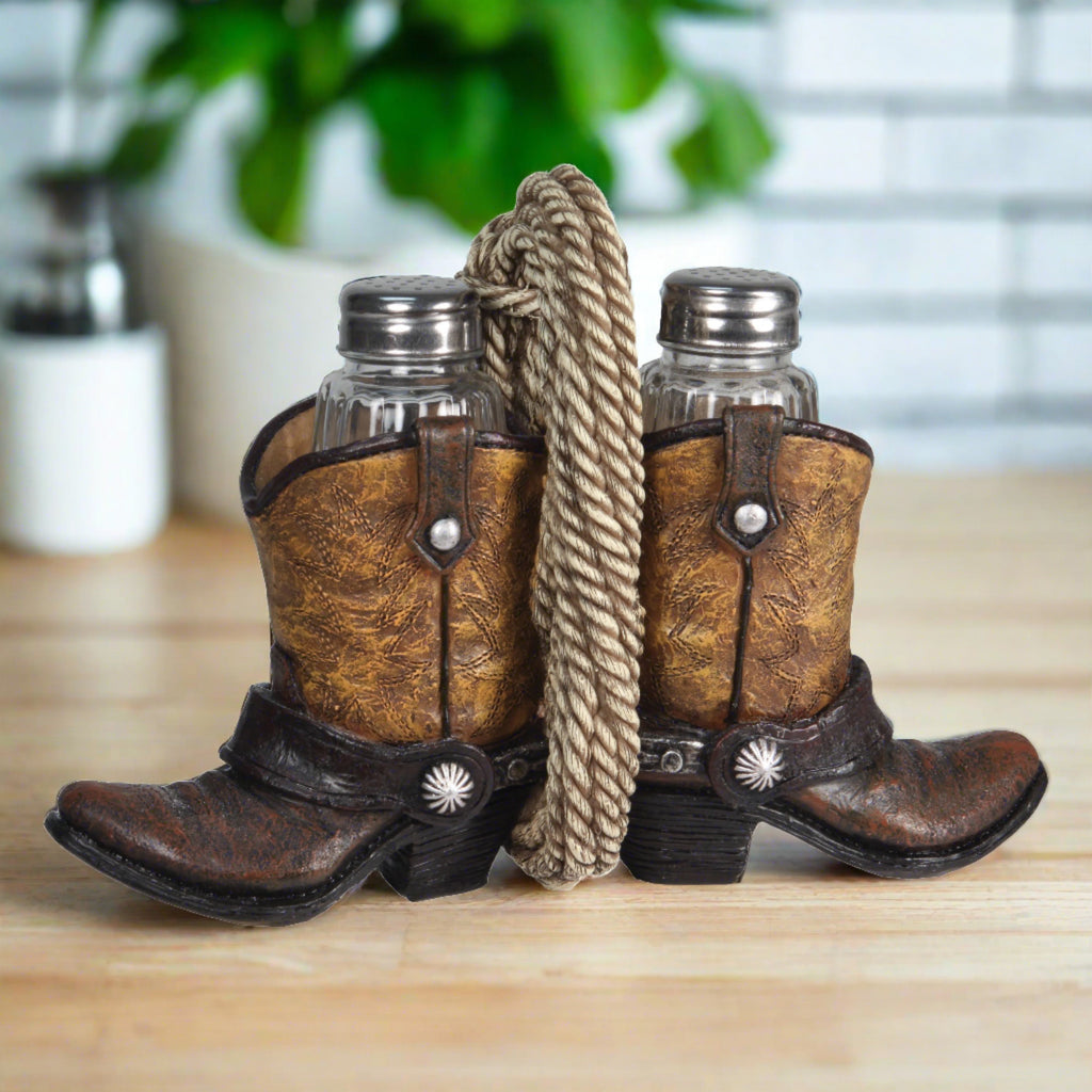 Salt And Pepper Shakers Cowboy Boots Poly Resin And Glass Matching Set