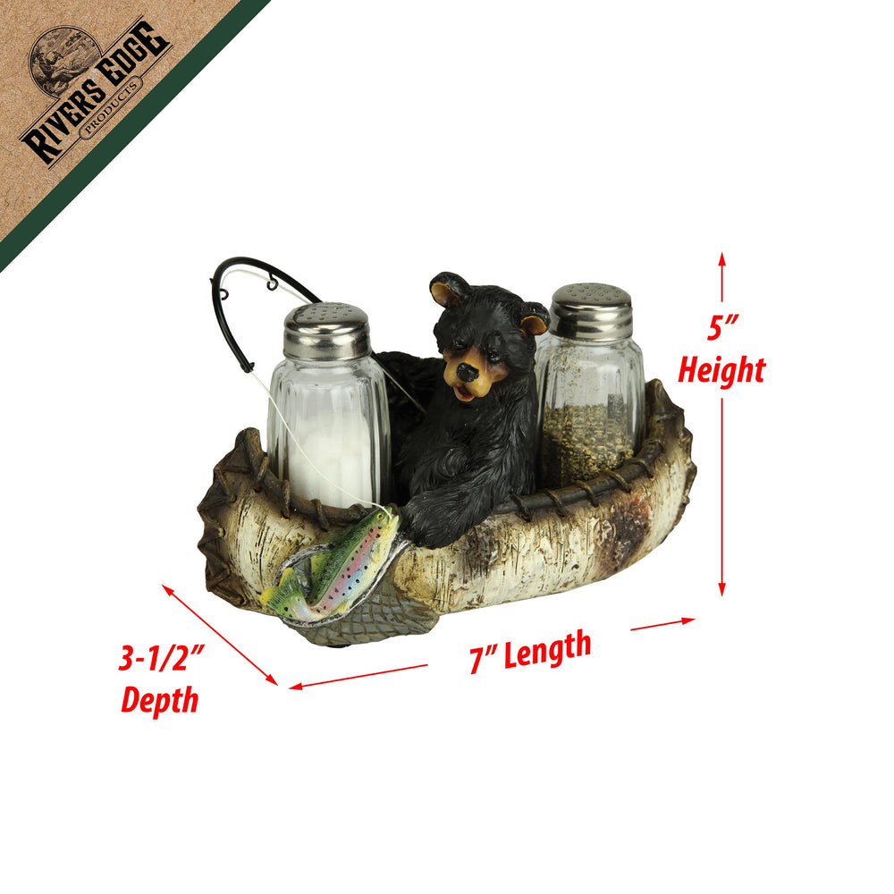 Salt And Pepper Shakers Fishing Bear Poly Resin And Glass Matching Set