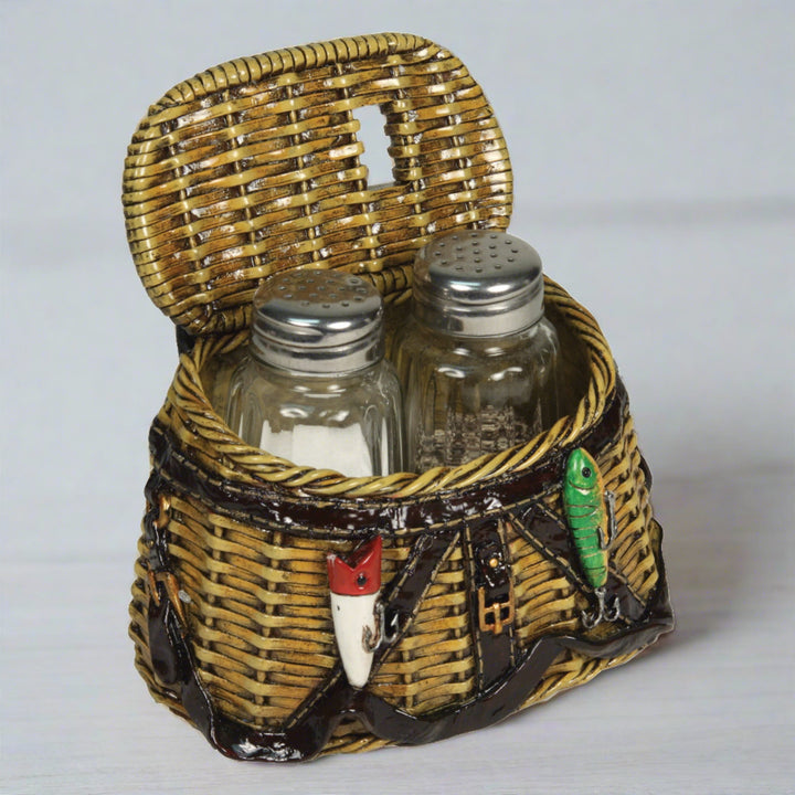 Salt And Pepper Shakers Creel Basket Poly Resin And Glass Matching Set