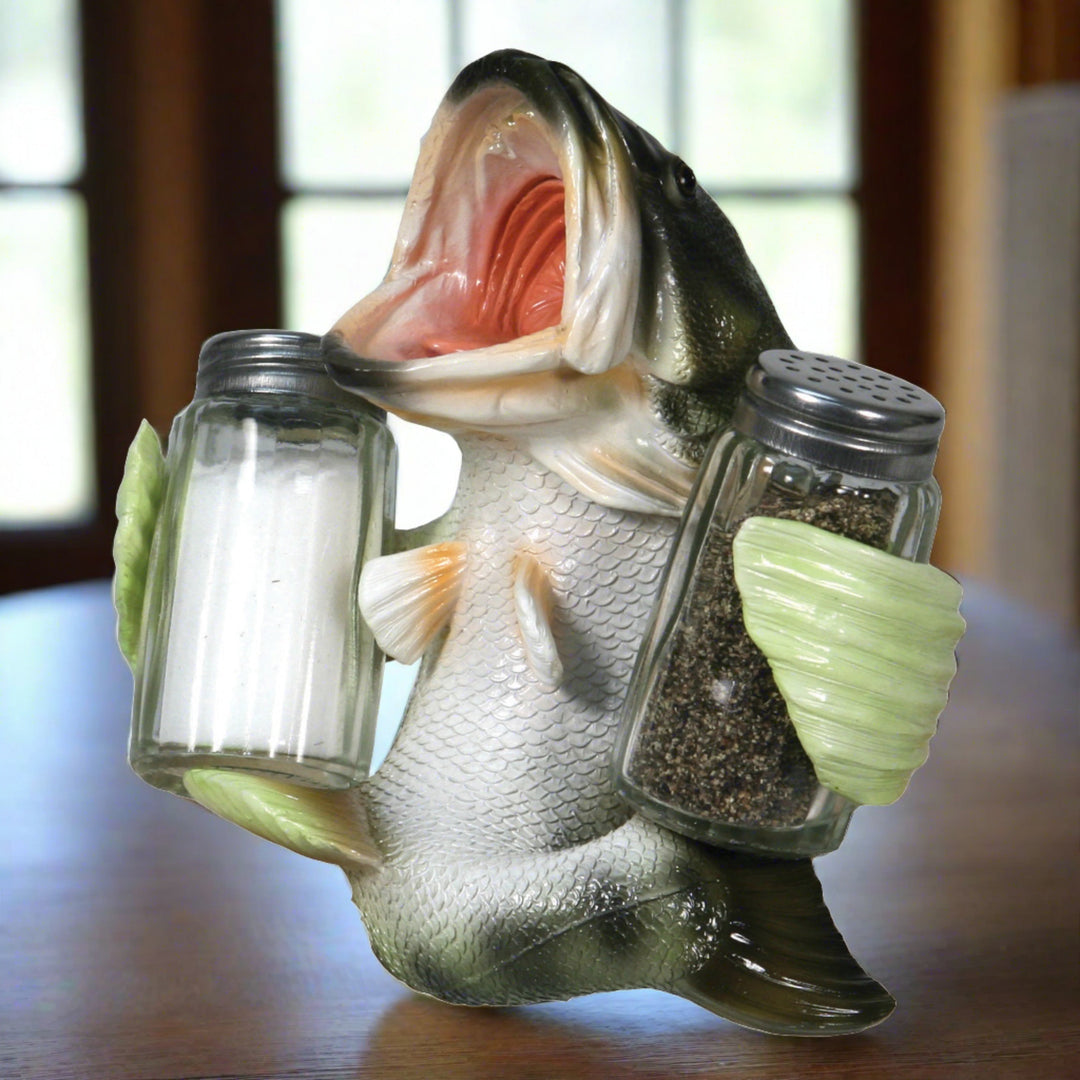 Salt And Pepper Shakers Bass Holding Poly Resin And Glass Matching Set