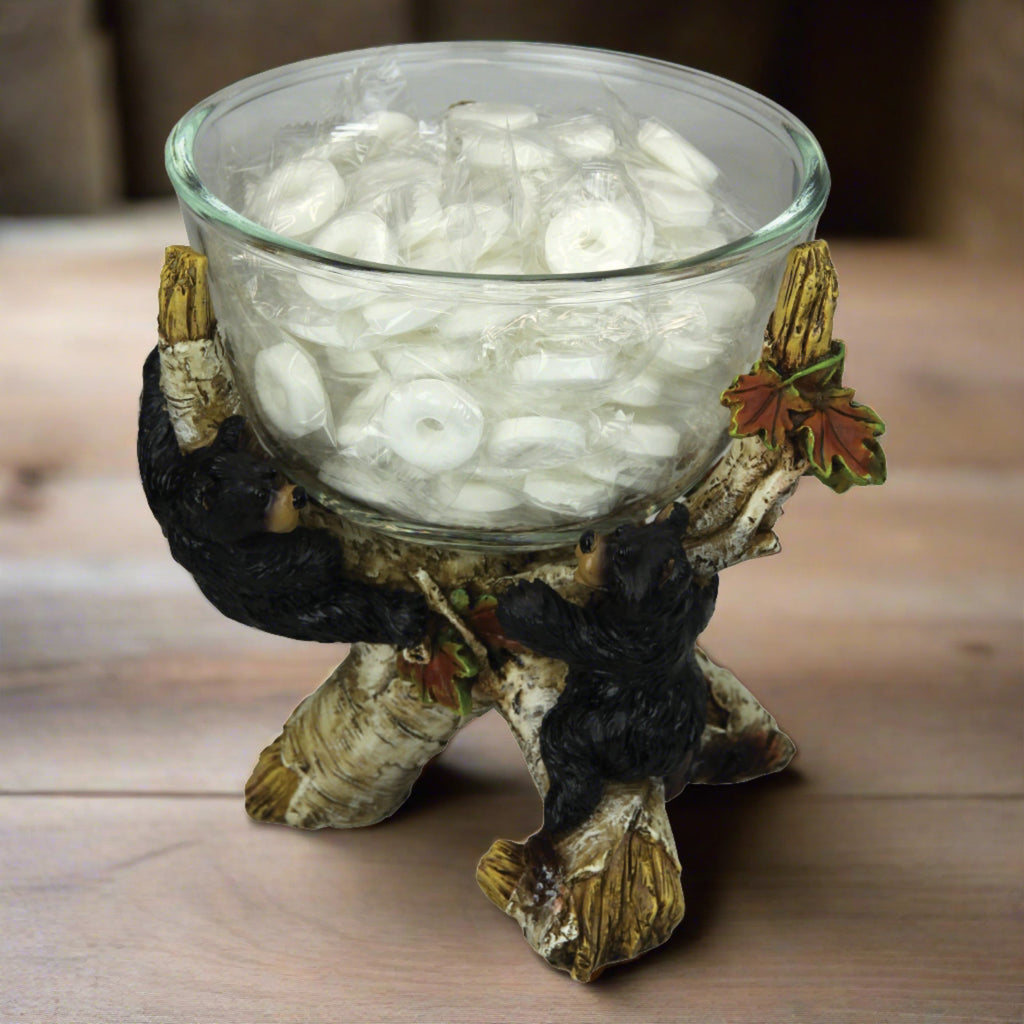 Black Bear Glass Candy Dish With Birch Branches Decorative Bowl