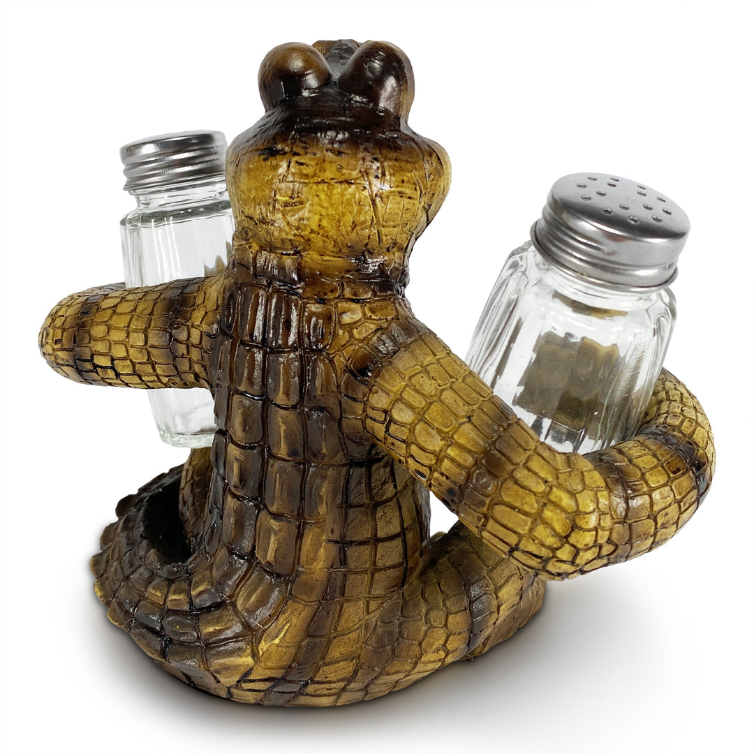 Salt And Pepper Shakers Alligator Poly Resin And Glass Matching Set