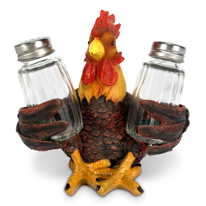Salt And Pepper Shakers Rooster Poly Resin And Glass Matching Set