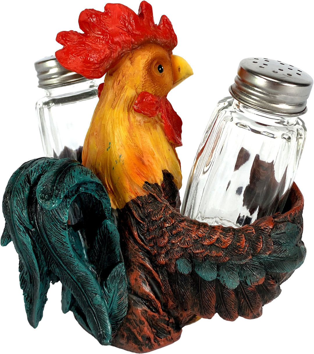 Salt And Pepper Shakers Rooster Poly Resin And Glass Matching Set